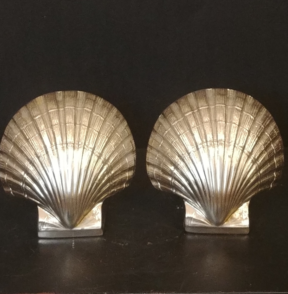 Vintage Pair Silvertone Solid Brass PM Craftsman Seashell Clams Bookends